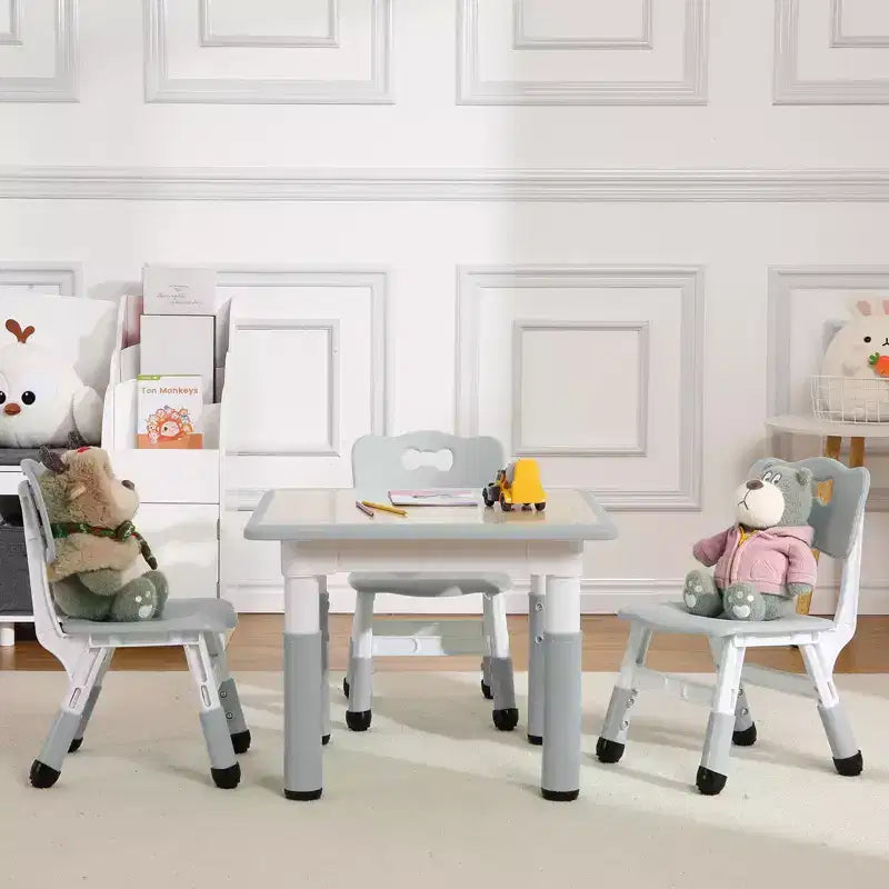 Mesa y 4 Sillas Modernas para Niños, Mesa para Niños Pequeños Ajustable en Altura 23 y 4 Sillas con Patas Antideslizantes y Escritorio con Graffiti Organizador