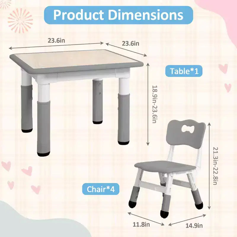 Mesa y 4 Sillas Modernas para Niños, Mesa para Niños Pequeños Ajustable en Altura 23 y 4 Sillas con Patas Antideslizantes y Escritorio con Graffiti Organizador