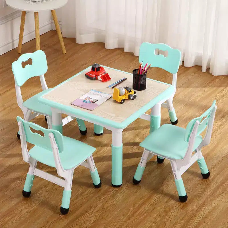 Mesa y 4 Sillas Modernas para Niños, Mesa para Niños Pequeños Ajustable en Altura 23 y 4 Sillas con Patas Antideslizantes y Escritorio con Graffiti Organizador