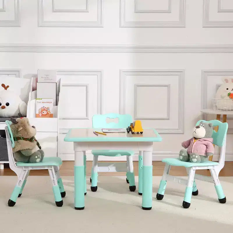 Mesa y 4 Sillas Modernas para Niños, Mesa para Niños Pequeños Ajustable en Altura 23 y 4 Sillas con Patas Antideslizantes y Escritorio con Graffiti Organizador