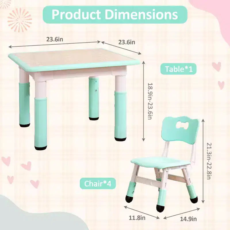 Mesa y 4 Sillas Modernas para Niños, Mesa para Niños Pequeños Ajustable en Altura 23 y 4 Sillas con Patas Antideslizantes y Escritorio con Graffiti Organizador