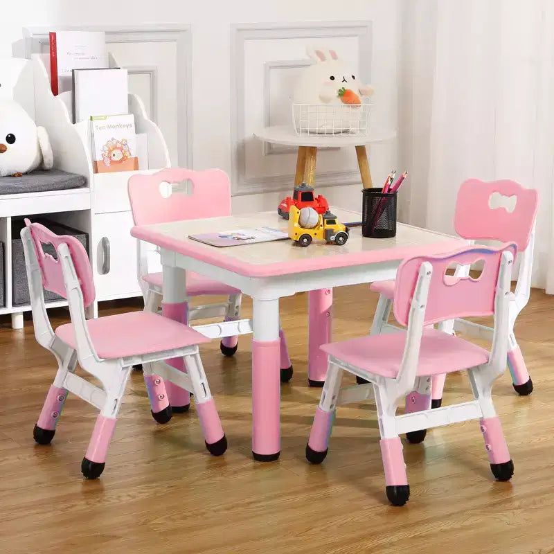 Mesa y 4 Sillas Modernas para Niños, Mesa para Niños Pequeños Ajustable en Altura 23 y 4 Sillas con Patas Antideslizantes y Escritorio con Graffiti Organizador
