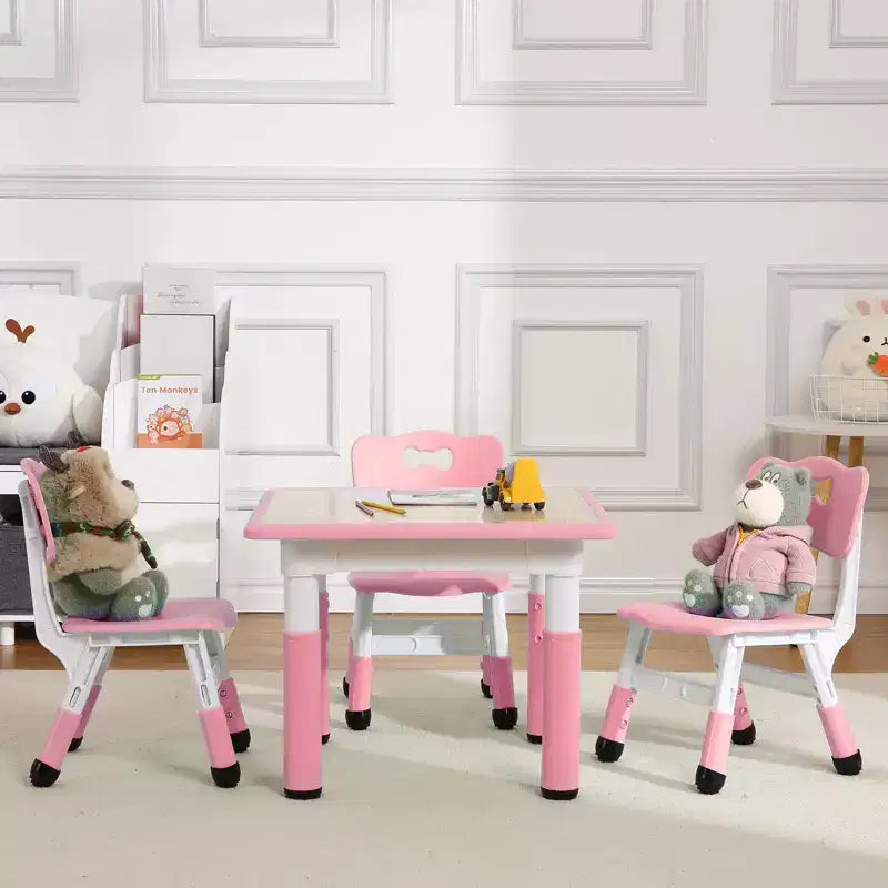 Mesa y 4 Sillas Modernas para Niños, Mesa para Niños Pequeños Ajustable en Altura 23 y 4 Sillas con Patas Antideslizantes y Escritorio con Graffiti Organizador