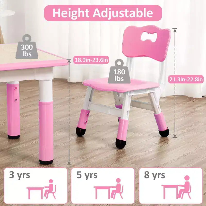 Mesa y 4 Sillas Modernas para Niños, Mesa para Niños Pequeños Ajustable en Altura 23 y 4 Sillas con Patas Antideslizantes y Escritorio con Graffiti Organizador
