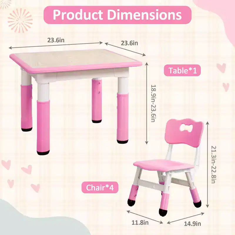 Mesa y 4 Sillas Modernas para Niños, Mesa para Niños Pequeños Ajustable en Altura 23 y 4 Sillas con Patas Antideslizantes y Escritorio con Graffiti Organizador