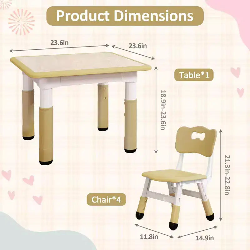 Mesa y 4 Sillas Modernas para Niños, Mesa para Niños Pequeños Ajustable en Altura 23 y 4 Sillas con Patas Antideslizantes y Escritorio con Graffiti Organizador