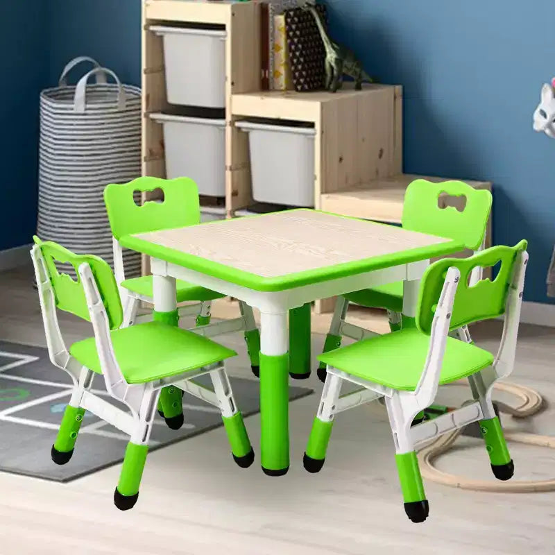 Mesa y 4 Sillas Modernas para Niños, Mesa para Niños Pequeños Ajustable en Altura 23 y 4 Sillas con Patas Antideslizantes y Escritorio con Graffiti Organizador