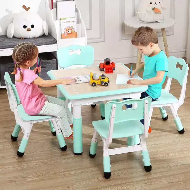 Mesa y 4 Sillas Modernas para Niños, Mesa para Niños Pequeños Ajustable en Altura 23 y 4 Sillas con Patas Antideslizantes y Escritorio con Graffiti Organizador