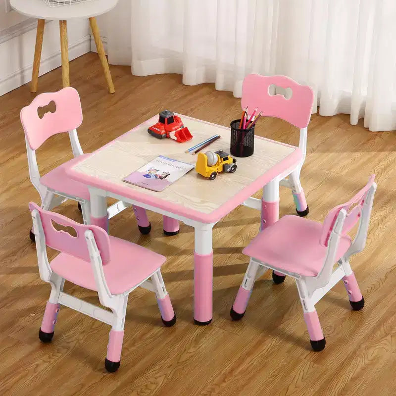 Mesa y 4 Sillas Modernas para Niños, Mesa para Niños Pequeños Ajustable en Altura 23 y 4 Sillas con Patas Antideslizantes y Escritorio con Graffiti Organizador