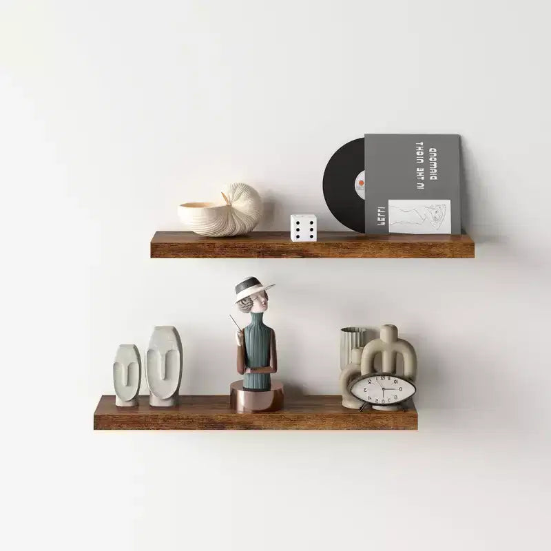 Estantes flotantes de madera para pared FurnitureR, estante decorativo de almacenamiento de pared, repisa de exhibición rústica montada en la pared para dormitorio, juego de 2, marrón