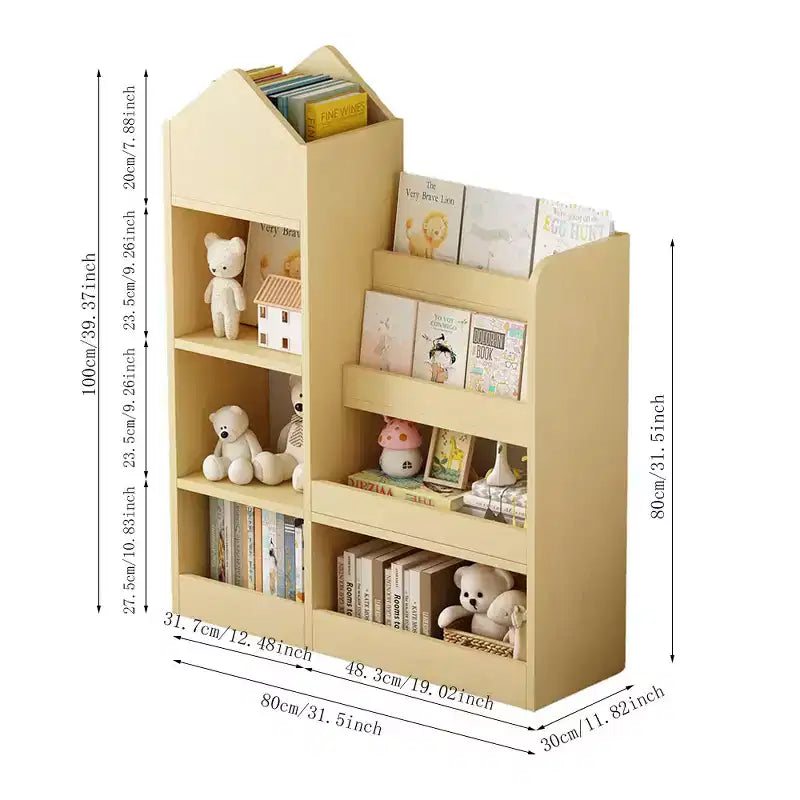 MAYEERTY Estantería de madera para niños, organizador de almacenamiento de juguetes, estantería con múltiples compartimentos y 2 cestas para guardería, sala de juegos, habitación infantil