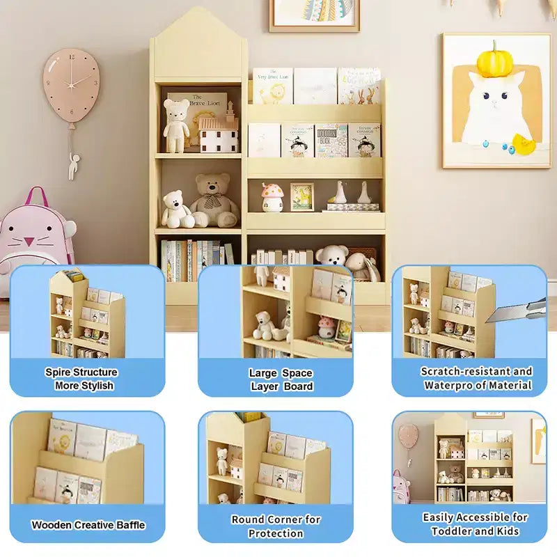 MAYEERTY Estantería de madera para niños, organizador de almacenamiento de juguetes, estantería con múltiples compartimentos y 2 cestas para guardería, sala de juegos, habitación infantil