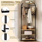 3-in-1 Corner Coat Rack with Shoe Bench & Storage Shelf, 6 Double Hooks & Hanging Rod, Tall Entryway Organizer for Hallway, Bedroom, Living Room