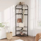 3-in-1 Corner Coat Rack with Shoe Bench & Storage Shelf, 6 Double Hooks & Hanging Rod, Tall Entryway Organizer for Hallway, Bedroom, Living Room