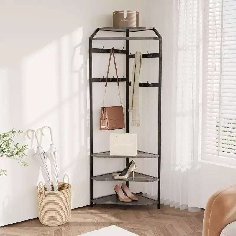3-in-1 Corner Coat Rack with Shoe Bench & Storage Shelf, 6 Double Hooks & Hanging Rod, Tall Entryway Organizer for Hallway, Bedroom, Living Room