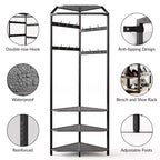 3-in-1 Corner Coat Rack with Shoe Bench & Storage Shelf, 6 Double Hooks & Hanging Rod, Tall Entryway Organizer for Hallway, Bedroom, Living Room