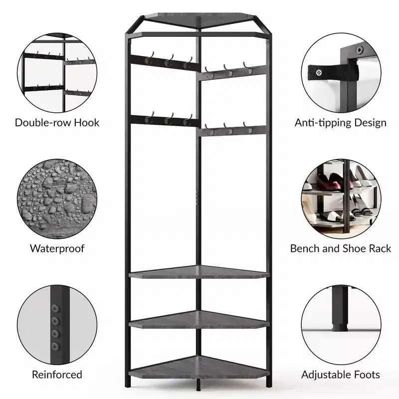 3-in-1 Corner Coat Rack with Shoe Bench & Storage Shelf, 6 Double Hooks & Hanging Rod, Tall Entryway Organizer for Hallway, Bedroom, Living Room