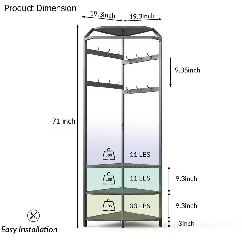 3-in-1 Corner Coat Rack with Shoe Bench & Storage Shelf, 6 Double Hooks & Hanging Rod, Tall Entryway Organizer for Hallway, Bedroom, Living Room