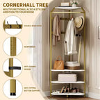 3-in-1 Corner Coat Rack with Shoe Bench & Storage Shelf, 6 Double Hooks & Hanging Rod, Tall Entryway Organizer for Hallway, Bedroom, Living Room