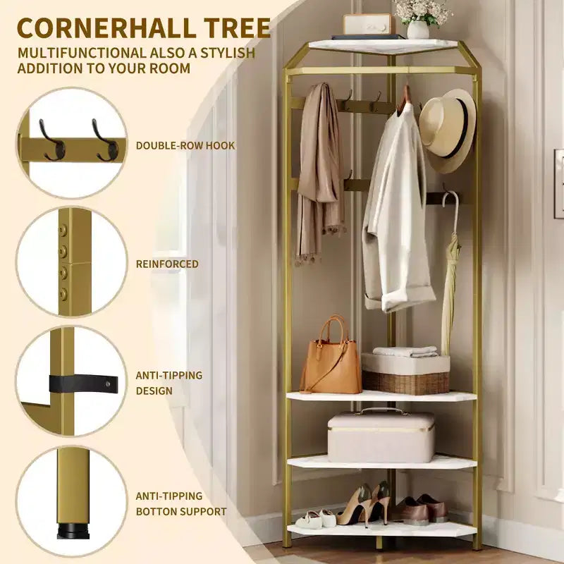 3-in-1 Corner Coat Rack with Shoe Bench & Storage Shelf, 6 Double Hooks & Hanging Rod, Tall Entryway Organizer for Hallway, Bedroom, Living Room