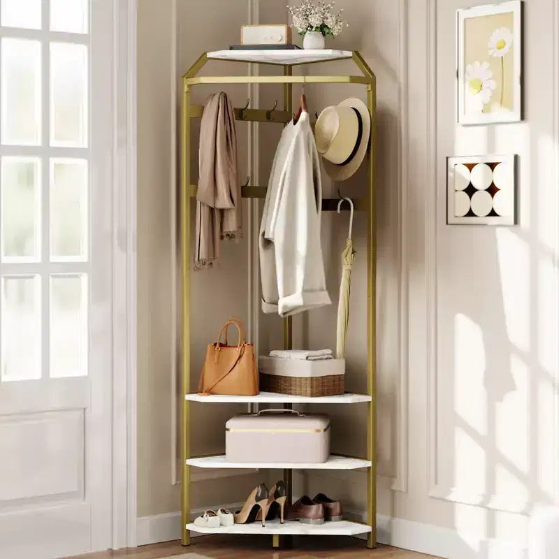 3-in-1 Corner Coat Rack with Shoe Bench & Storage Shelf, 6 Double Hooks & Hanging Rod, Tall Entryway Organizer for Hallway, Bedroom, Living Room