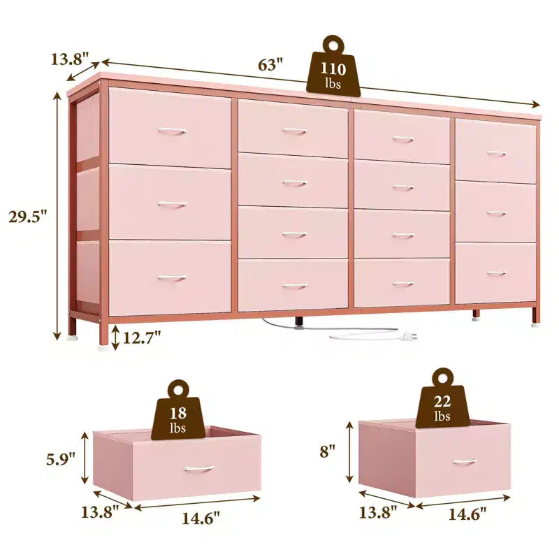 Mueble TV 63 pulgadas de ancho para televisores de 65, 70 y 75 pulgadas, tocador de 14 cajones para dormitorio con tomas de corriente, centro de entretenimiento grande y largo con cajones de tela