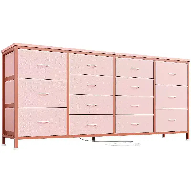 Mueble TV 63 pulgadas de ancho para televisores de 65, 70 y 75 pulgadas, tocador de 14 cajones para dormitorio con tomas de corriente, centro de entretenimiento grande y largo con cajones de tela