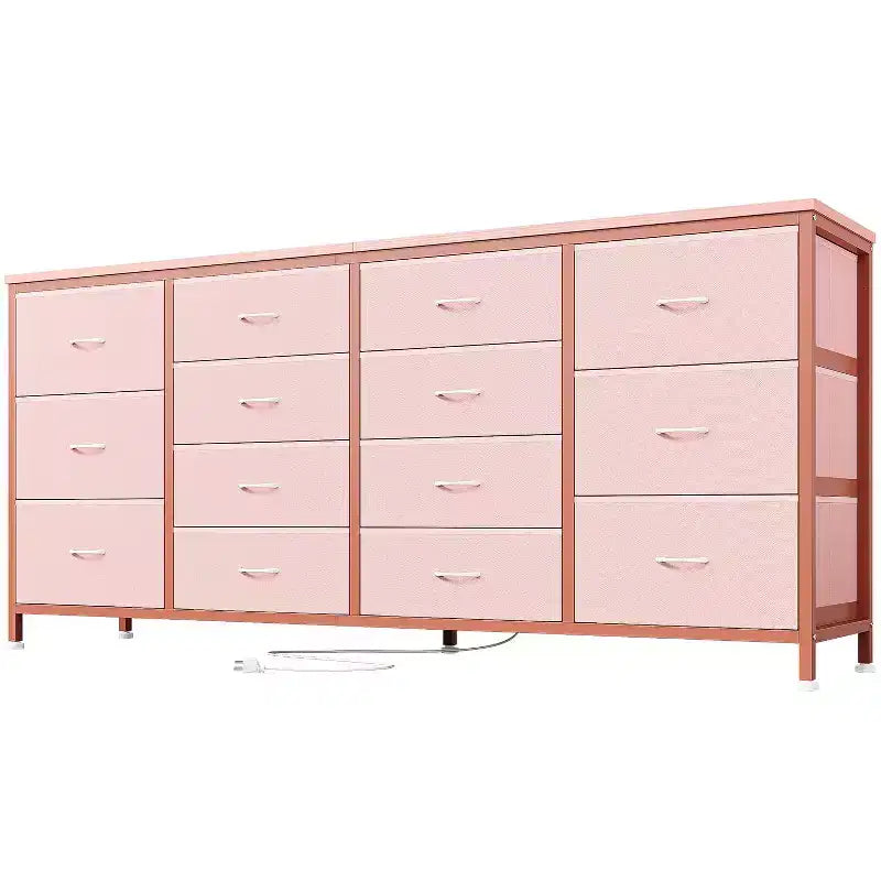 Mueble TV 63 pulgadas de ancho para televisores de 65, 70 y 75 pulgadas, tocador de 14 cajones para dormitorio con tomas de corriente, centro de entretenimiento grande y largo con cajones de tela