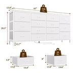 Mueble TV 63 pulgadas de ancho para televisores de 65, 70 y 75 pulgadas, tocador de 14 cajones para dormitorio con tomas de corriente, centro de entretenimiento grande y largo con cajones de tela