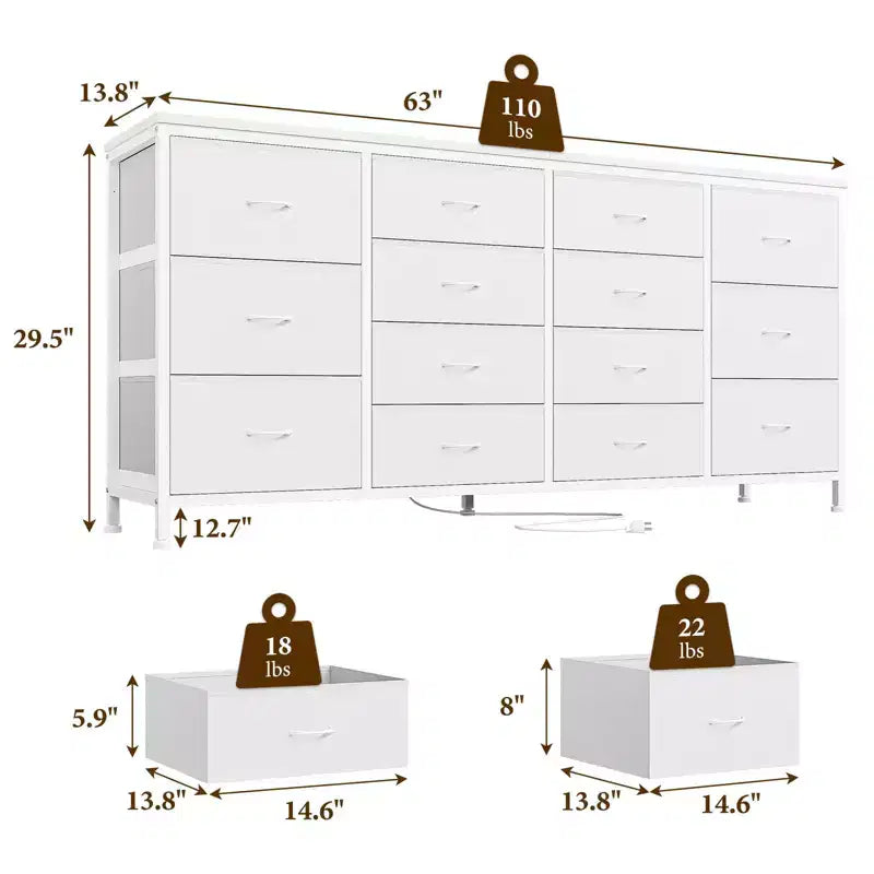 Mueble TV 63 pulgadas de ancho para televisores de 65, 70 y 75 pulgadas, tocador de 14 cajones para dormitorio con tomas de corriente, centro de entretenimiento grande y largo con cajones de tela