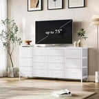 Mueble TV 63 pulgadas de ancho para televisores de 65, 70 y 75 pulgadas, tocador de 14 cajones para dormitorio con tomas de corriente, centro de entretenimiento grande y largo con cajones de tela