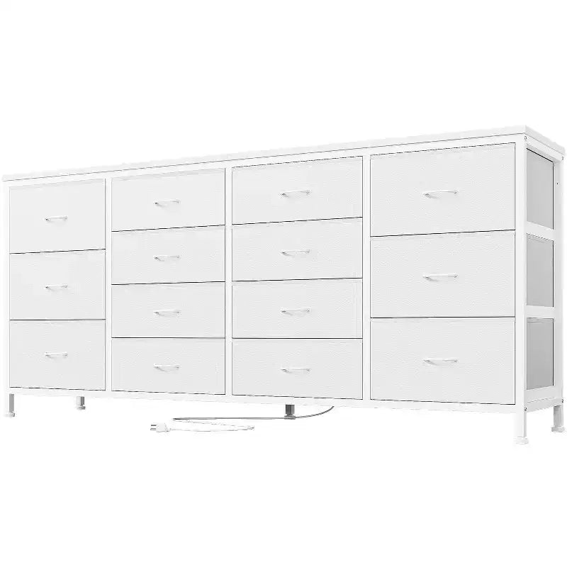 Mueble TV 63 pulgadas de ancho para televisores de 65, 70 y 75 pulgadas, tocador de 14 cajones para dormitorio con tomas de corriente, centro de entretenimiento grande y largo con cajones de tela