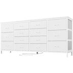Mueble TV 63 pulgadas de ancho para televisores de 65, 70 y 75 pulgadas, tocador de 14 cajones para dormitorio con tomas de corriente, centro de entretenimiento grande y largo con cajones de tela