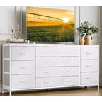 Mueble TV 63 pulgadas de ancho para televisores de 65, 70 y 75 pulgadas, tocador de 14 cajones para dormitorio con tomas de corriente, centro de entretenimiento grande y largo con cajones de tela