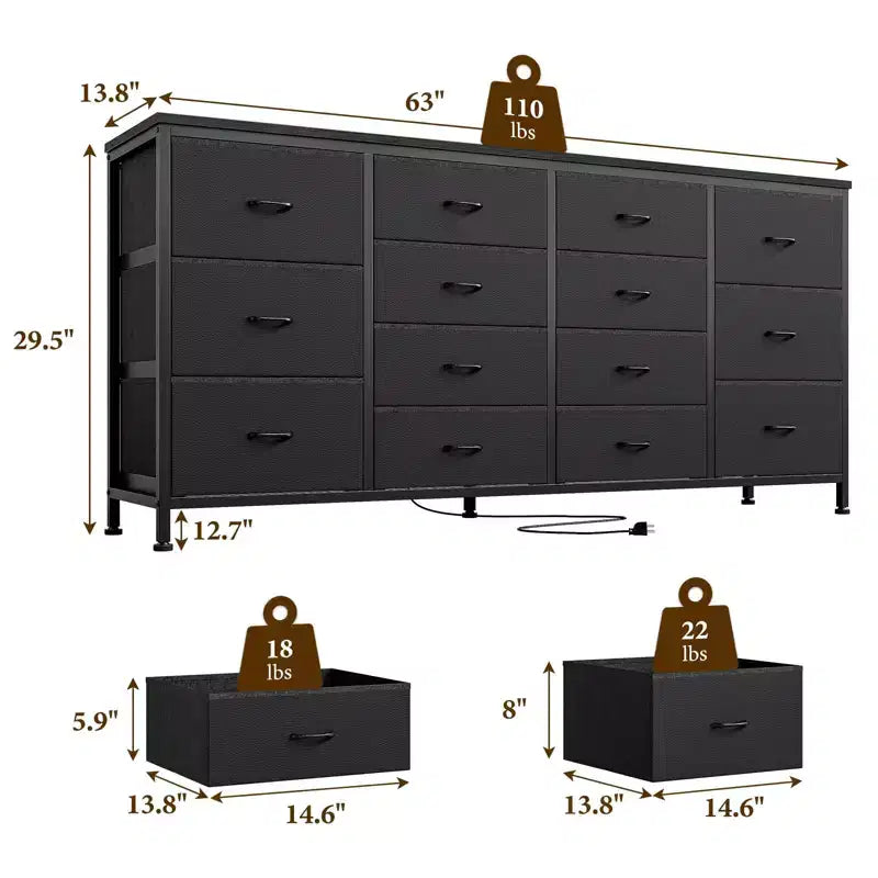 Mueble TV 63 pulgadas de ancho para televisores de 65, 70 y 75 pulgadas, tocador de 14 cajones para dormitorio con tomas de corriente, centro de entretenimiento grande y largo con cajones de tela