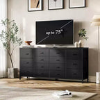 Mueble TV 63 pulgadas de ancho para televisores de 65, 70 y 75 pulgadas, tocador de 14 cajones para dormitorio con tomas de corriente, centro de entretenimiento grande y largo con cajones de tela