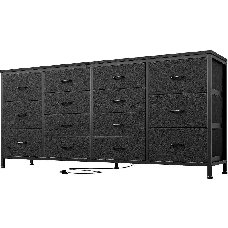 Mueble TV 63 pulgadas de ancho para televisores de 65, 70 y 75 pulgadas, tocador de 14 cajones para dormitorio con tomas de corriente, centro de entretenimiento grande y largo con cajones de tela