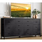 Mueble TV 63 pulgadas de ancho para televisores de 65, 70 y 75 pulgadas, tocador de 14 cajones para dormitorio con tomas de corriente, centro de entretenimiento grande y largo con cajones de tela