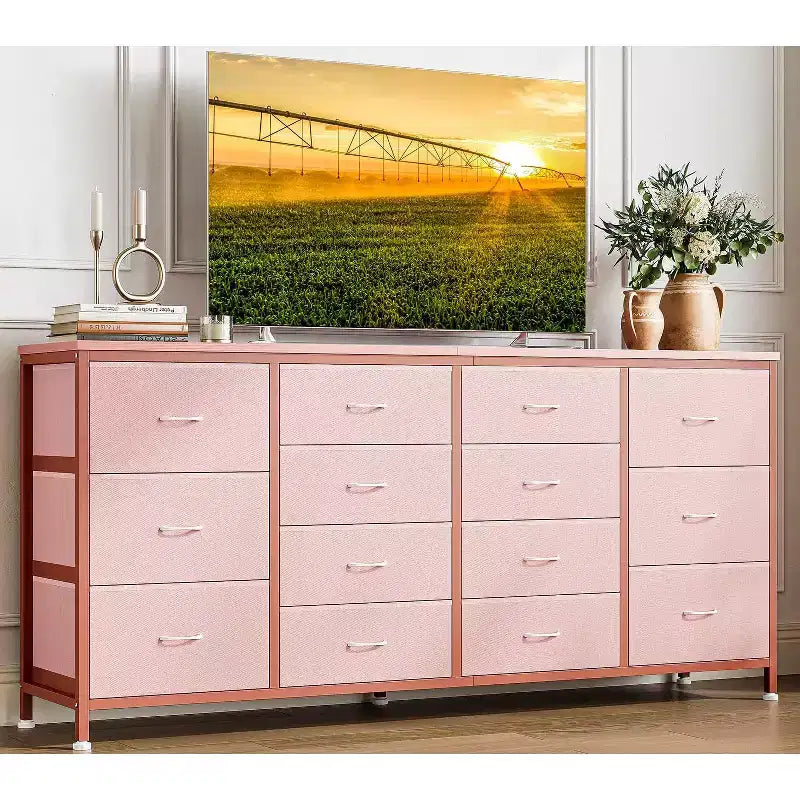 Mueble TV 63 pulgadas de ancho para televisores de 65, 70 y 75 pulgadas, tocador de 14 cajones para dormitorio con tomas de corriente, centro de entretenimiento grande y largo con cajones de tela