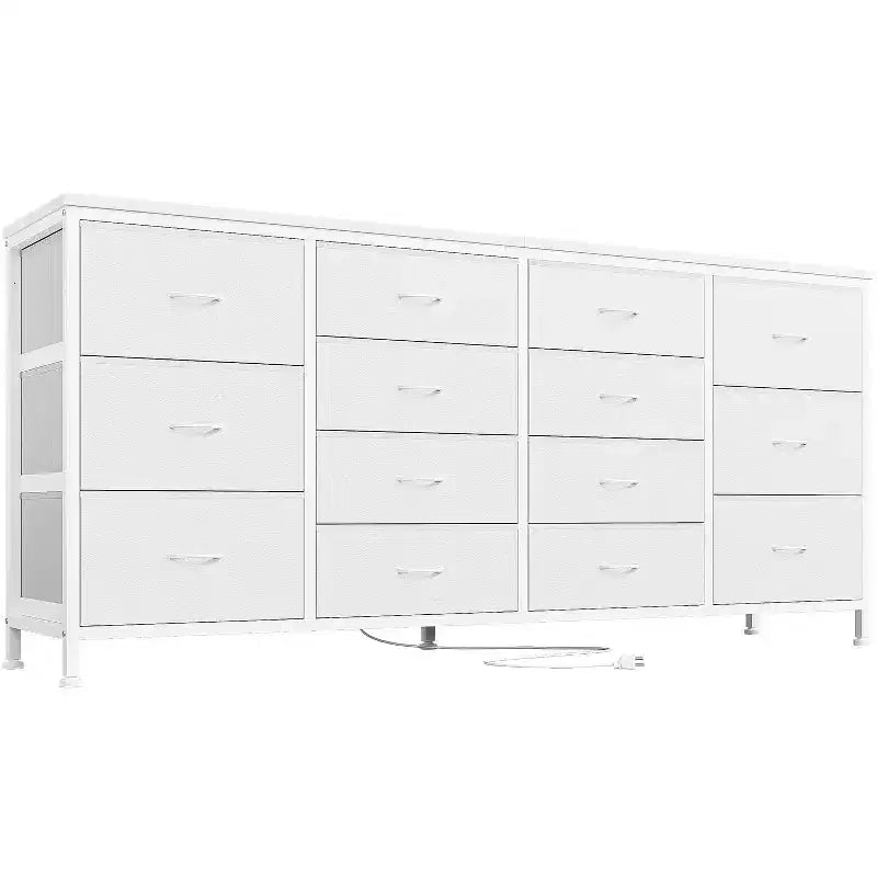 Mueble TV 63 pulgadas de ancho para televisores de 65, 70 y 75 pulgadas, tocador de 14 cajones para dormitorio con tomas de corriente, centro de entretenimiento grande y largo con cajones de tela