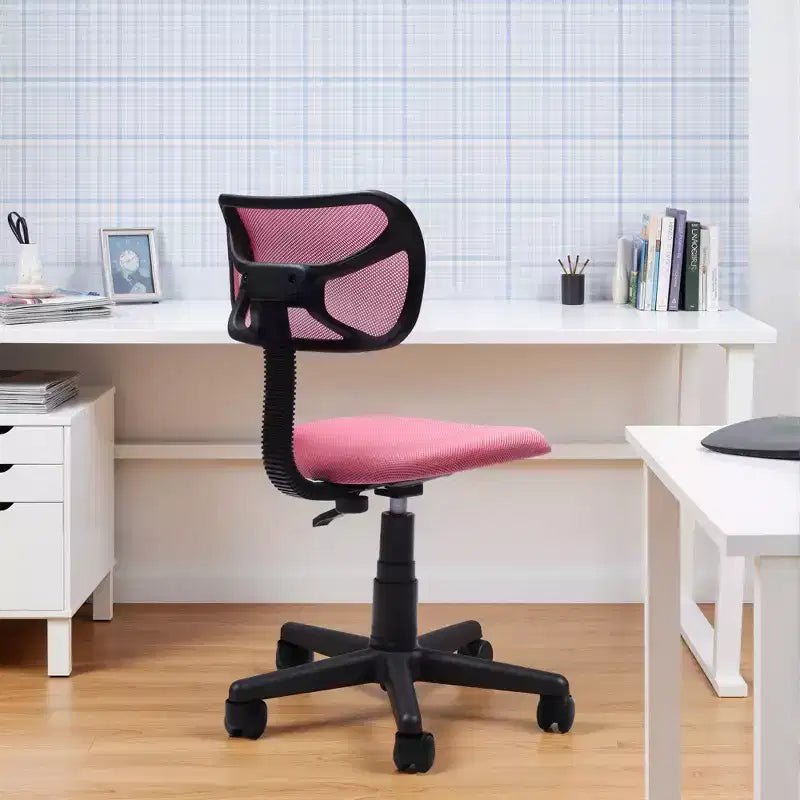 Silla de escritorio FurnituureR de respaldo bajo, silla de estudio de malla sin brazos, giratoria ergonómica, ajustable con ruedas para oficina en casa, dormitorio, estudio, rosa