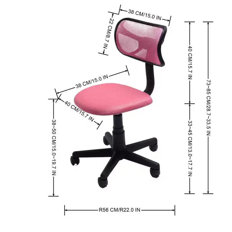 Silla de escritorio FurnituureR de respaldo bajo, silla de estudio de malla sin brazos, giratoria ergonómica, ajustable con ruedas para oficina en casa, dormitorio, estudio, rosa