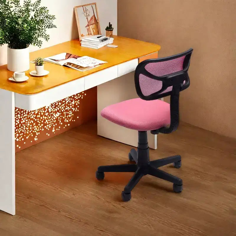 Silla de escritorio FurnituureR de respaldo bajo, silla de estudio de malla sin brazos, giratoria ergonómica, ajustable con ruedas para oficina en casa, dormitorio, estudio, rosa