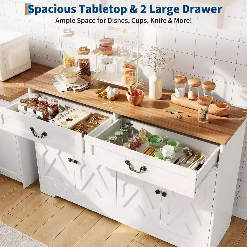 57 in Modern Farmhouse Sideboard Buffet Cabinet with 2 Drawers & Adjustable Shelves, Large Kitchen Storage Cabinet, Coffee Bar Organizer