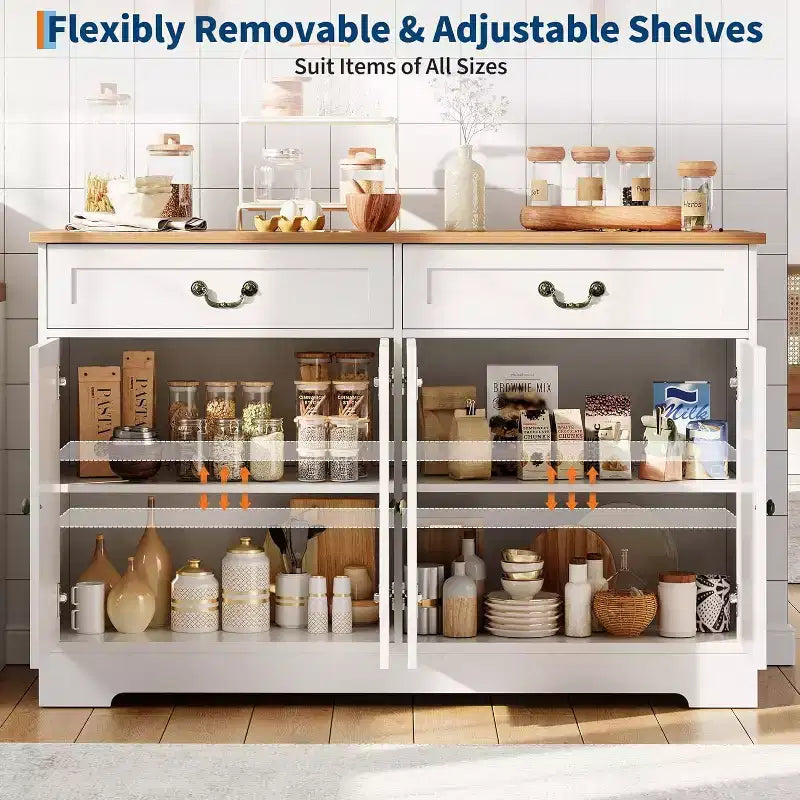 57 in Modern Farmhouse Sideboard Buffet Cabinet with 2 Drawers & Adjustable Shelves, Large Kitchen Storage Cabinet, Coffee Bar Organizer