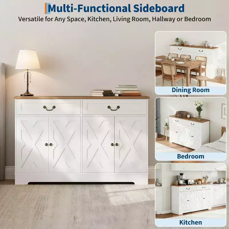 57 in Modern Farmhouse Sideboard Buffet Cabinet with 2 Drawers & Adjustable Shelves, Large Kitchen Storage Cabinet, Coffee Bar Organizer