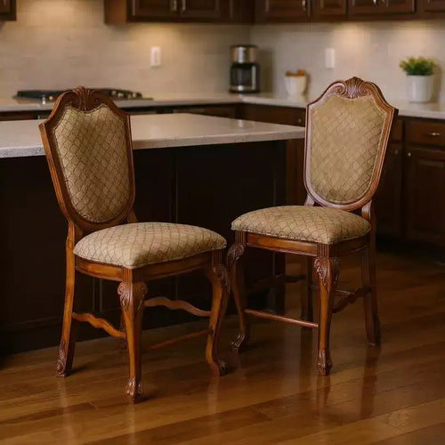 24 Beige and Brown Fabric and Solid Wood Counter Height Bar Chairs