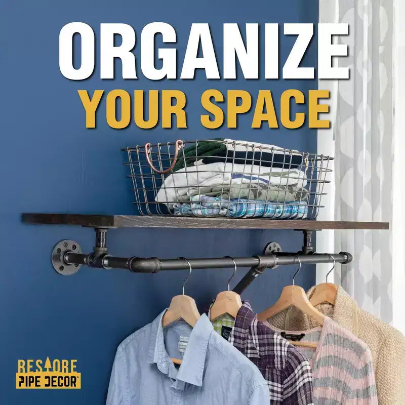 Pipe Decor 36 in. Wall Mounted Clothing Rack with Wood Shelf, Boulder Black