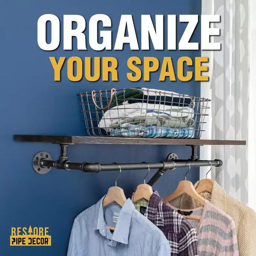 . Wall Mounted Clothing Rack with Wood Shelf, Boulder Black