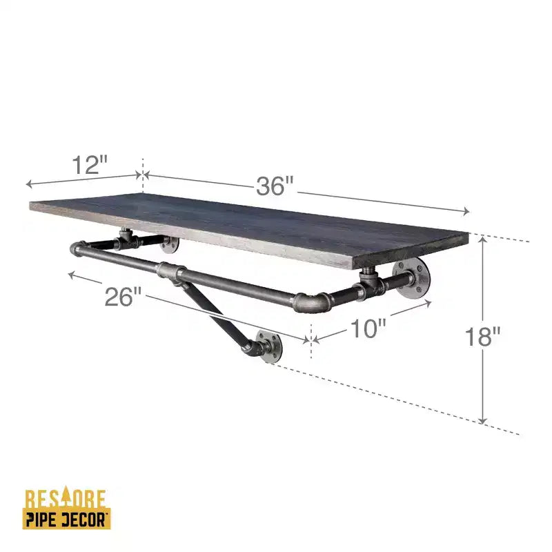 Pipe Decor 36 in. Wall Mounted Clothing Rack with Wood Shelf, Boulder Black